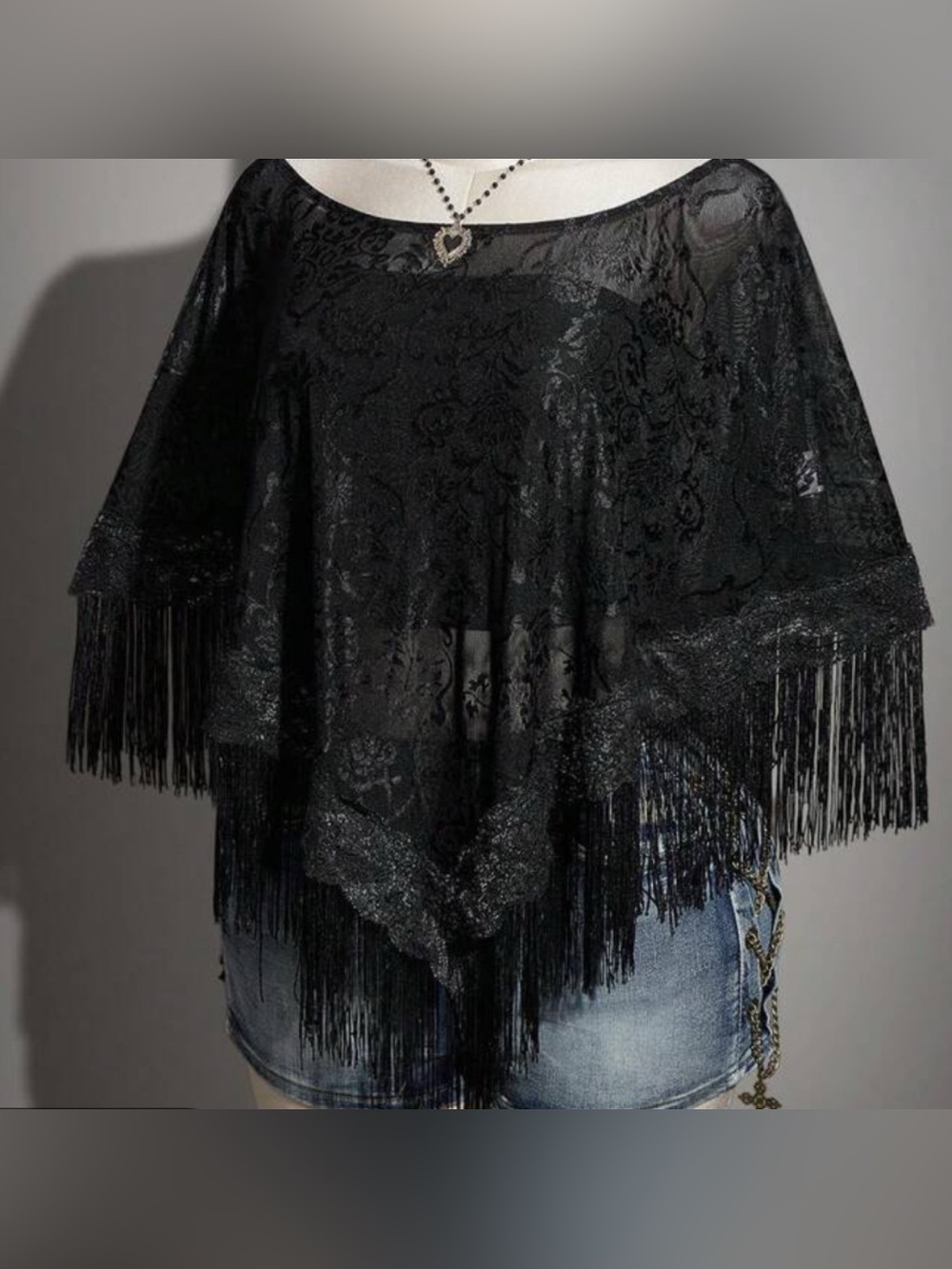 Black floral lace boho poncho wide neckline fringe hem